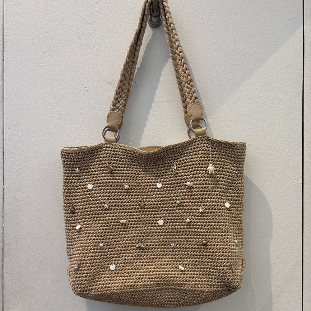 Tan Woven Tote Bag with Beach Charms Accents